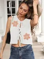 Gilet en maille blanche pour femme avec nœuds et broderies de fleurs orange au crochet - Blanc