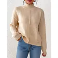 Damen Strickpullover in Beige mit Stehkragen, vertikaler Naht und Rippstrick-Saum - S / Aprikose