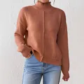 Damen Strickpullover in Ziegelrot mit Stehkragen und vertikaler Naht für die Freizeit - S / Kaffeebraun