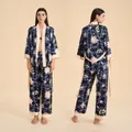 Women's two-piece black floral satin pajama set with kimono top and wide-leg pants - Ink Garden