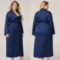 Navy blue satin long sleepwear robe for women with silk finish and waist tie - 1XL / Navy Blue