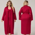 Plus size burgundy satin robe and nightgown set with silky shine and smooth drape - 1XL / Burgundy