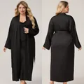Elegant plus size black satin long nightgown and robe set with silky glossy finish - 1XL / Black