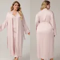 Women's plus size satin pajama set in soft pink with long robe and slip dress - 1XL / Pink