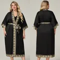 Plus size black satin robe set with elegant gold baroque pattern on sleeves and hem - Onesize / Top And Bottom / Black