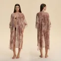 Caftán de playa en gasa con estampado de cachemira marrón rosa con flecos y aberturas - Talla Única / Sombra Floral