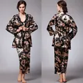 Conjunto de pijama de seda negra para mujer con estampado de dragón dorado, ropa de descanso - Negro