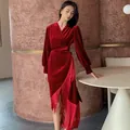 Elegant wine red velvet robe for women featuring long tassels and a wrap V-neck design - M / Wine Red Tassel