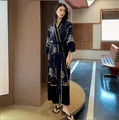 Navy blue gold velvet robe with floral embroidery and contrast yellow trim details - One Size / Navy Blue Embroidery