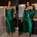 Emerald green silk satin sleepwear set with cowl neck slip dress and long robe - Dark Green