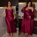 Women's burgundy satin sleepwear set featuring a cowl neck slip dress and long robe - Burgundy