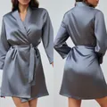 Elegant dark grey satin long sleeve short bathrobe with waist tie for women - 21766 Dark Gray (single Robe) / 2XL