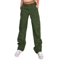 Detail of army green high-waisted cargo pants showing large side pockets and cotton texture - S / Bottoms / Green
