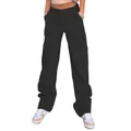 Detail of high waisted black cargo pants featuring large flap pockets and straight leg cut - S / Bottoms / Black