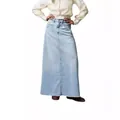 Detail shot of light blue high waisted denim maxi skirt with raw hem finish - S / Bottoms / Light Blue
