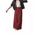 Detailed view of high-waist dark red denim skirt with vertical stitching and metal button - S / Bottoms / Orange Red