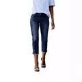 Detail of slim-fit cropped denim jeans in dark blue with frayed raw hem and washed finish - S / Blue Black
