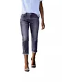 Women's slim fit dark grey washed denim capri pants with stylish frayed floral hem detailing - S / Gray