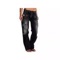 Close-up of distressed charcoal black denim with ripped details and vintage wash texture - XS / Black
