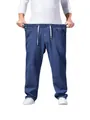 Men's loose straight-leg denim jeans with elastic drawstring waist in blue color - M / Dark Blue