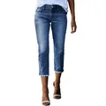 Women's slim fit cropped denim jeans in dark blue wash with frayed hem and elastic fabric - S / Light Blue