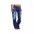 Women's distressed straight-leg jeans in dark blue with vintage washed ripped details - XS / Dark Blue