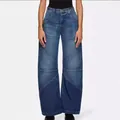 High waist wide leg blue jeans with geometric patchwork stitching and washed finish - S / Dark Blue