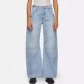 Retro patchwork wide leg high waisted light blue washed denim jeans for women - S / Light Blue
