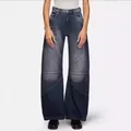 Women's wide-leg vintage patchwork jeans in dark grey washed denim with paneled design - S / Blue Black