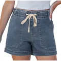 Detailed view of women's denim shorts with elastic drawstring waist and cargo pockets - S / Dark Blue