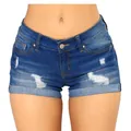 Dettaglio degli shorts in denim consumati con risvolti e finitura in blu sbiadito - Taglia S / Blu scuro