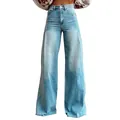 Detail of high-waisted wide-leg jeans with front seam design and faded blue wash - Light Blue
