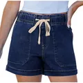 Detail shot of dark blue denim shorts with elastic drawstring waist and large pockets - S / Blue Black