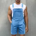 Detail of light blue denim overalls for men with metal buckles and chest pocket - S / Light Blue