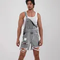 Graue kurze Herren-Latzhose aus Denim im Distressed-Look mit Fransen und Schnallen - Grau