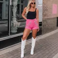 Hot pink denim shorts with rhinestone fringe tassels and frayed hems for women - S / Bottoms / Deep Pink