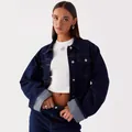 Deep blue denim set with lapel button jacket, cuffed sleeves, and white t-shirt - S / Black Blue