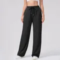 Women's high waist black wide-leg sports trousers with adjustable drawstring and metal tips - S / Black