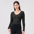 Women's slim fit black ribbed sports jacket with full-length zipper and U-neckline - S / Black