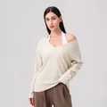 Women's V-neck long sleeve yoga top in soft cream beige fabric with loose relaxed fit - S / Beige