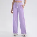 Lila Damen Yoga-Hose mit weitem Bein, hoher Taille, weißem Kordelzug und Ziernähten - S / Hellviolett