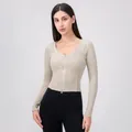 Beige slim fit yoga top with ribbed texture, zip-up U-neck and long sleeves for women - S / Light Khaki