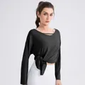 Black modal yoga long sleeve top with cutout neckline and stylish front knot detail - S / Tops / Black