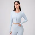 Light blue long sleeve yoga cardigan and high waist leggings set with finger holes - M / Ancient Water Blue