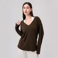 Deep olive green V-neck yoga top with a layered design and long sleeves in soft lyocell - S / Coffee Brown
