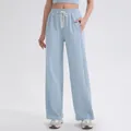 Hellblaue weite Yoga-Hose mit hoher Taille, Kordelzug und vertikalen Nahtdetails - S / Nebelblau