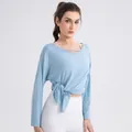 Light blue modal yoga long sleeve top with side knot detail and breathable mesh - S / Tops / Grey Blue
