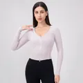 Slim fit long sleeve yoga jacket in light purple with deep V-neck and zipper closure - S / Dusty Pink