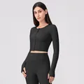 Women's black Lycra yoga set featuring long sleeve button cardigan and high waist leggings - S / Black