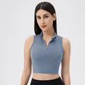 Slim fit sleeveless yoga vest in mist blue with high collar and front zipper closure - S / Tops / Grey Blue